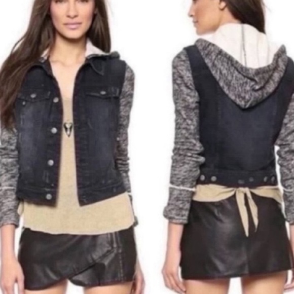 Free People Denim Knit distressed Hooded Jacket knit sleeves casual button up M - Picture 6 of 8